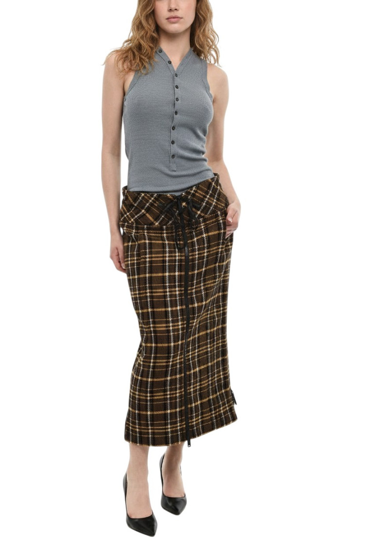 Brown Plaid Midi Skirt