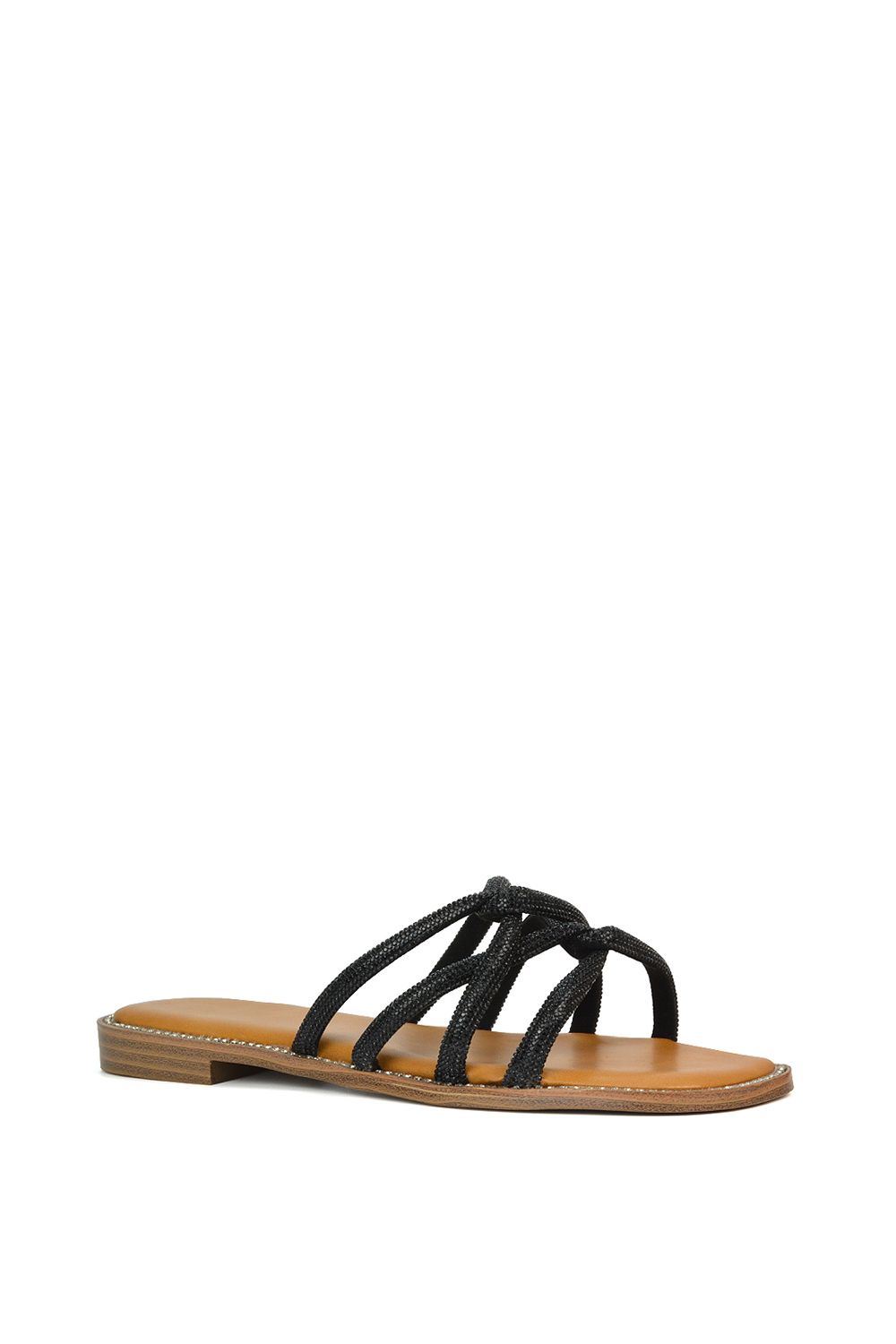 XY London Women's 'Sofia' Strappy Diamante Trim Square Toe Flat Sandals in Black