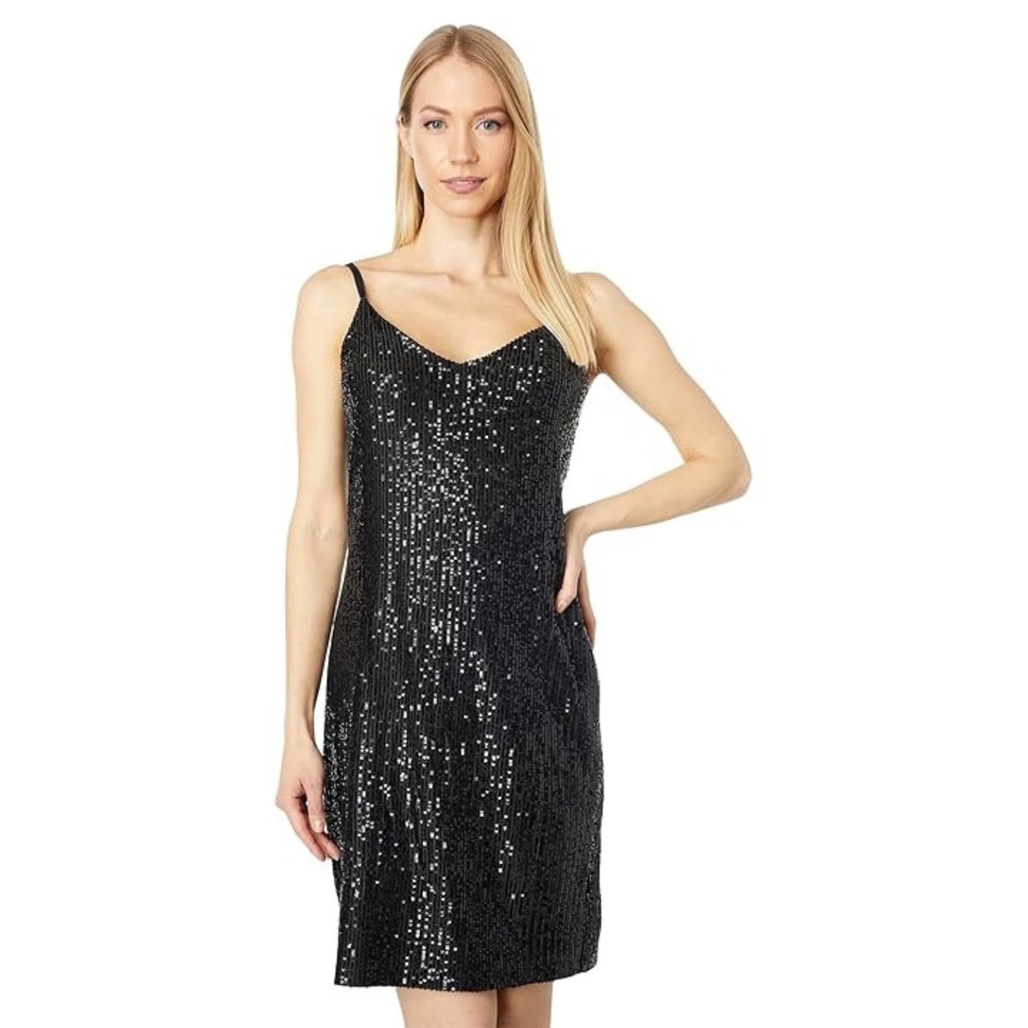 Slip Dress Black Sequin Spaghetti Straps V-Neck Cocktail JZZ80