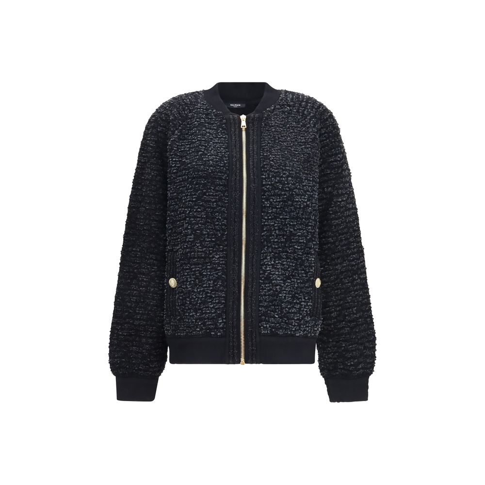 Sequin-Embellished Viscose Plush Bomber Jacket — Black