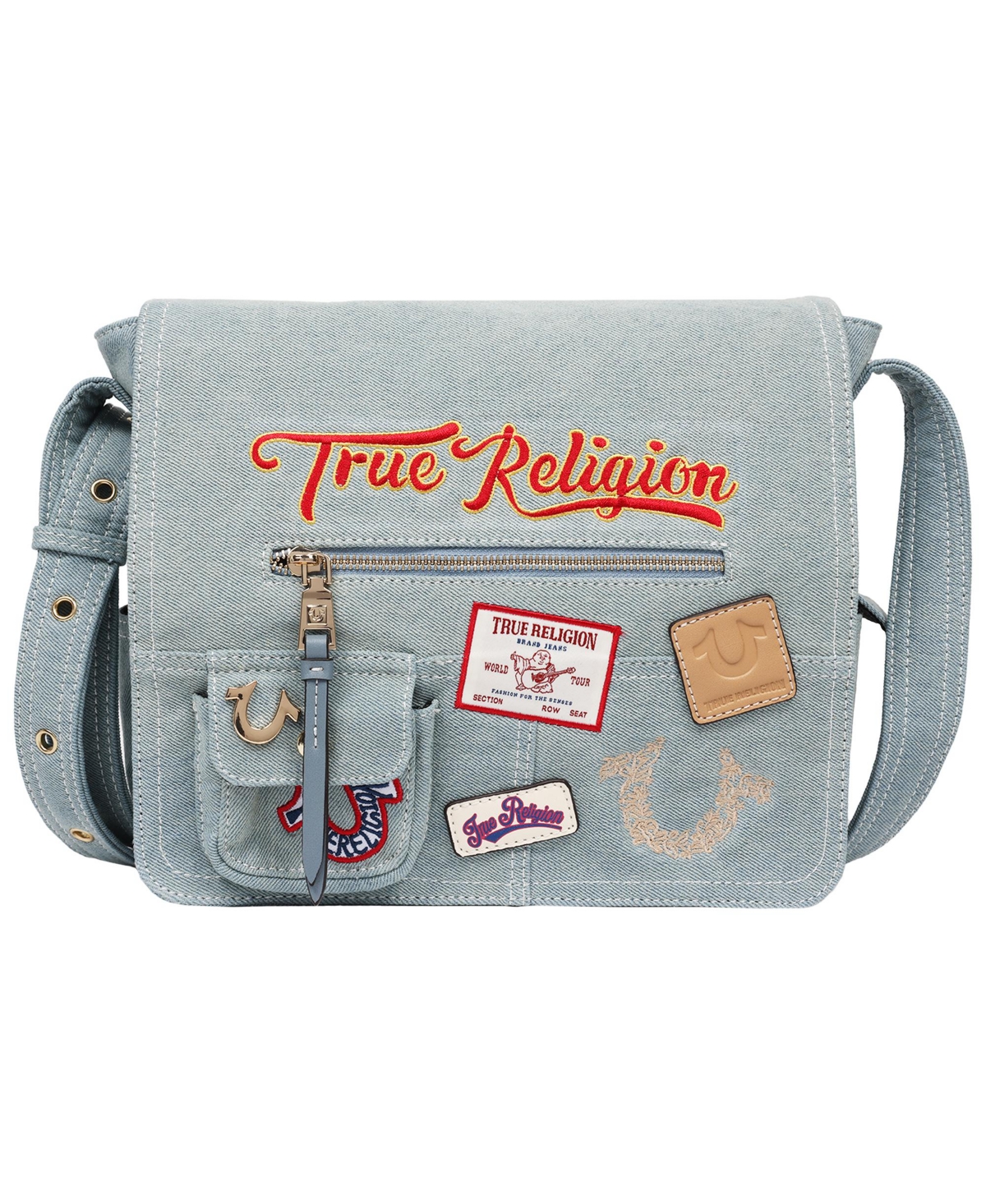 Multi Patch Denim Messenger Bag - Blue