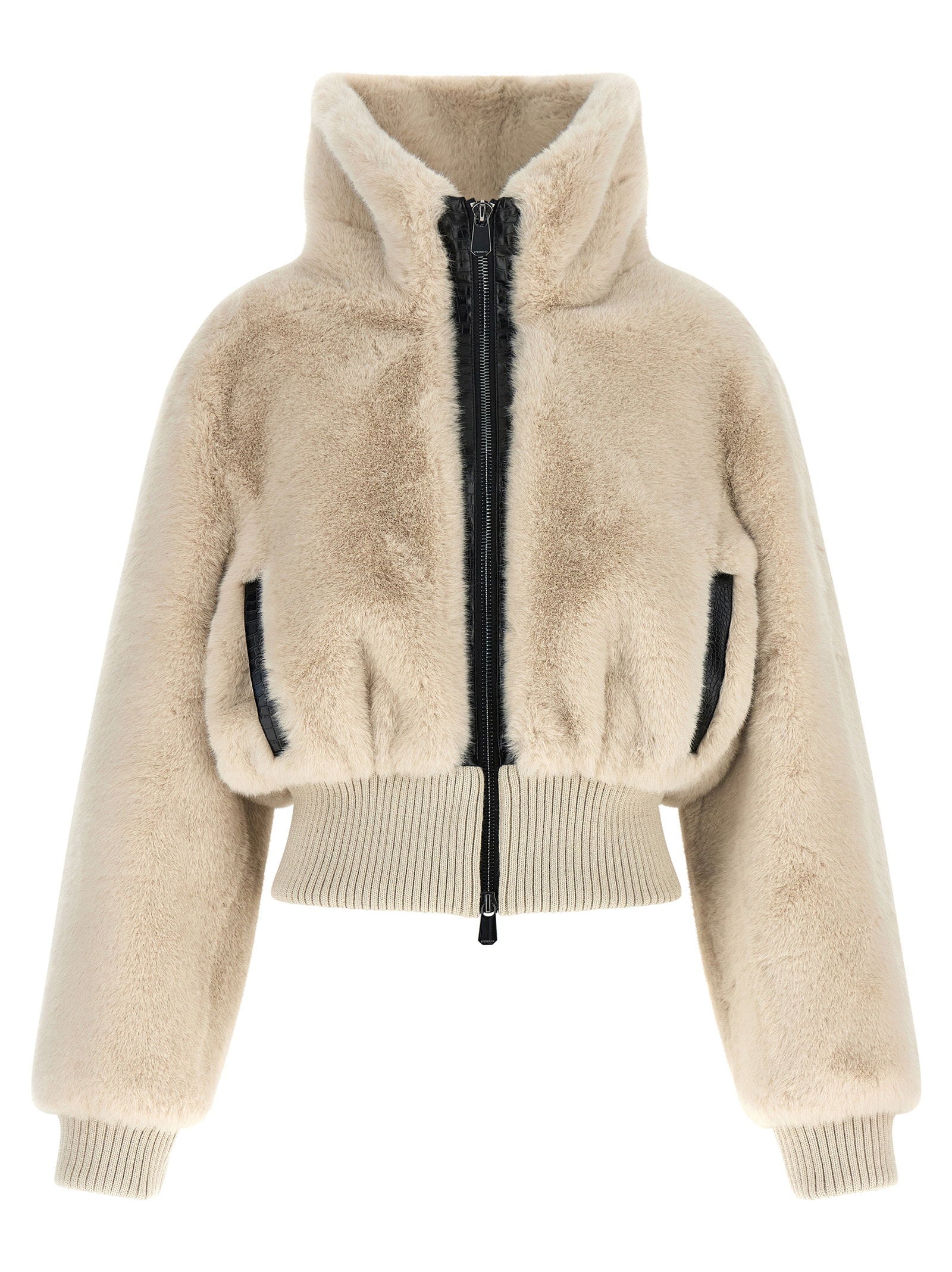 Fur-Effect Cropped Jacket — Beige
