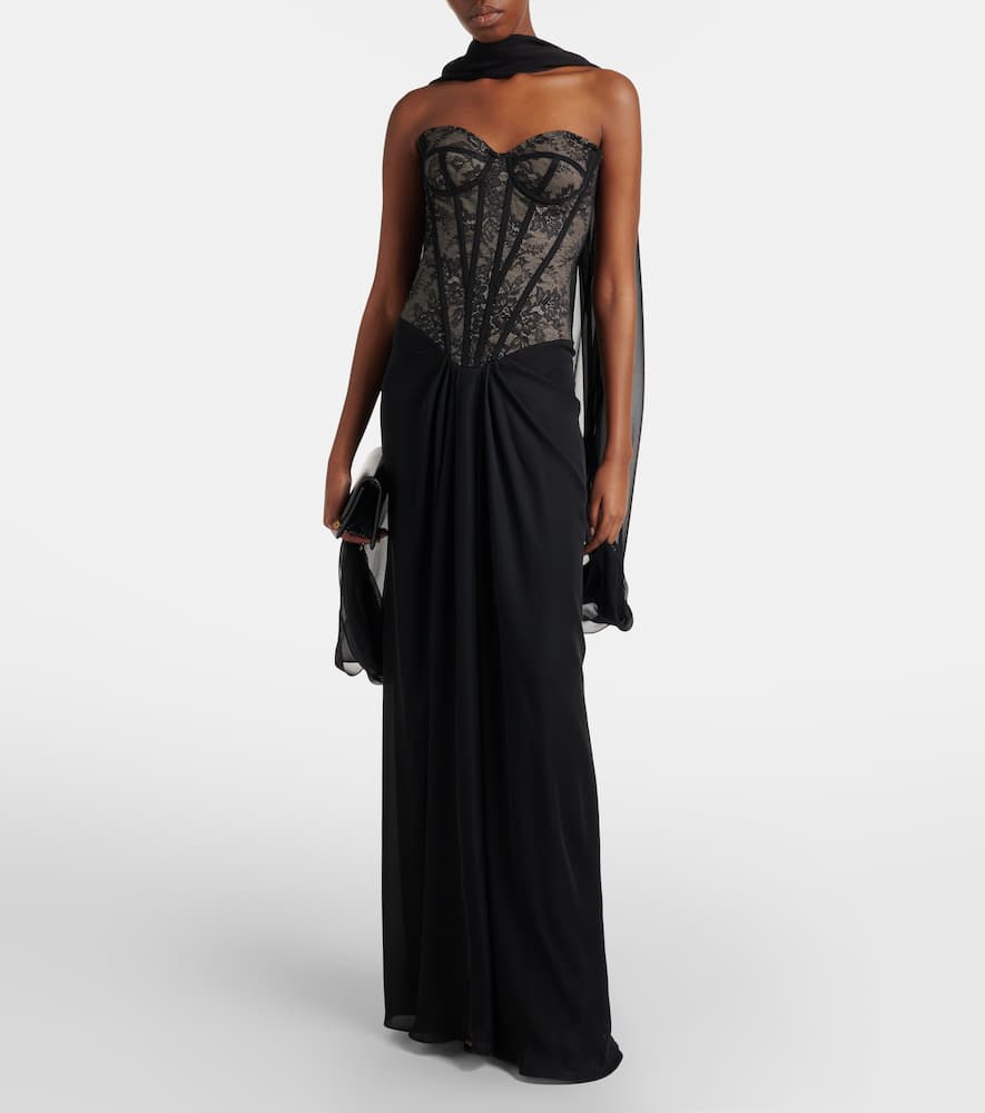 Scarf-detail draped lace gown