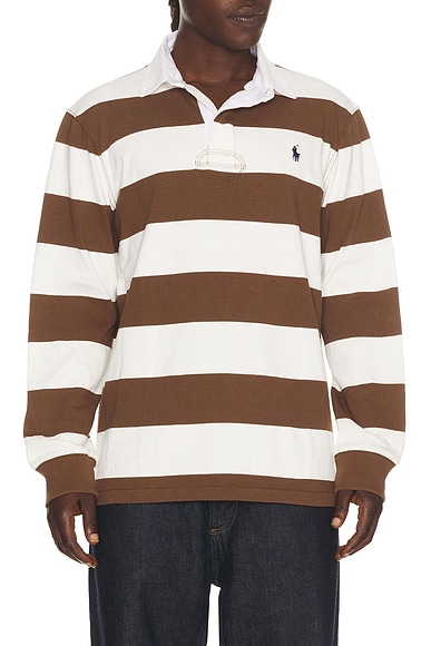 Polo Ralph Lauren Long Sleeve Iconic Rugby Stripe Polo in Pale Russet & Trophy Cream - Brown,White. XXL/2X also in XL/1X