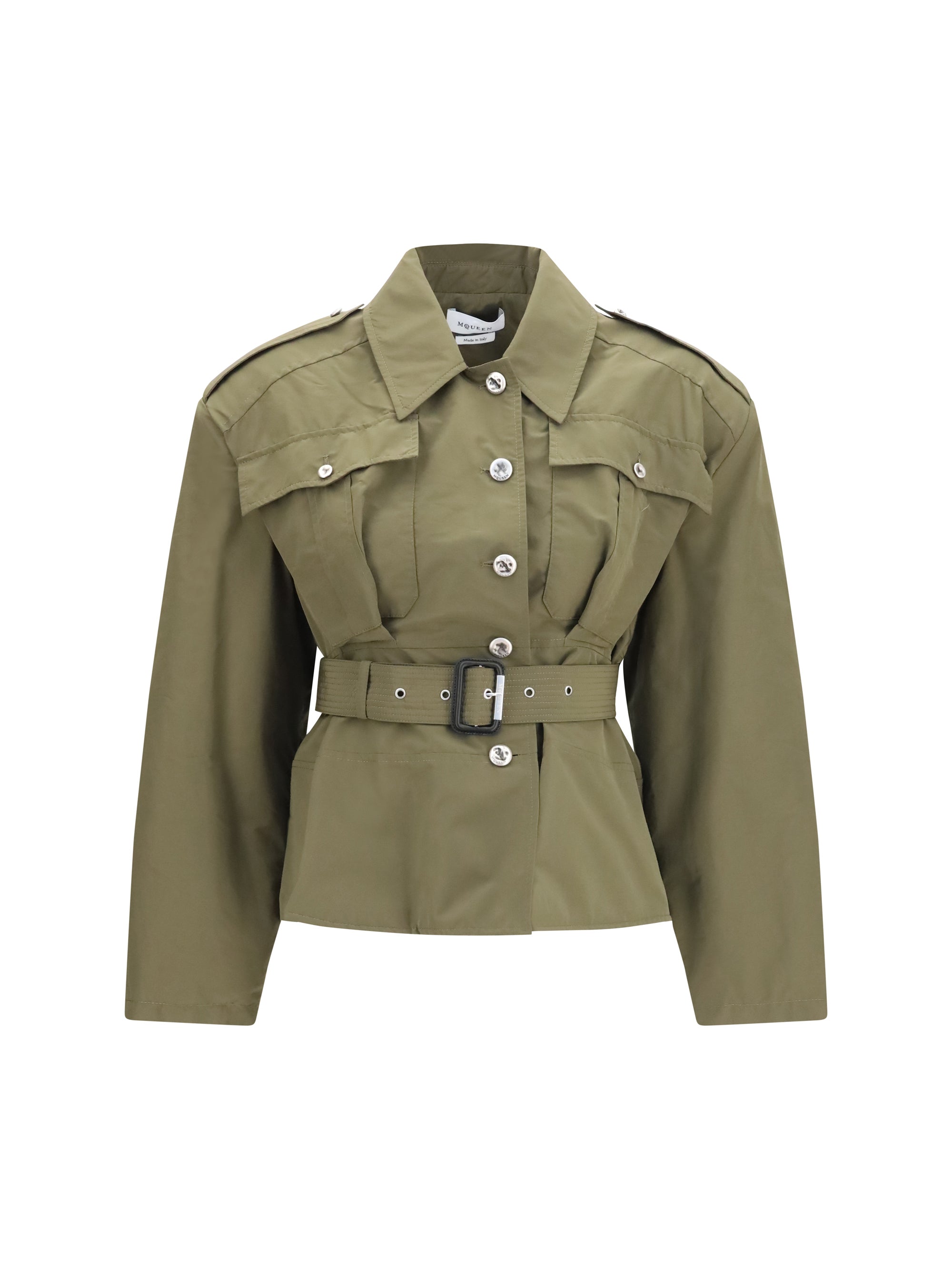 Cropped Belted High-Neck Jacket — Green