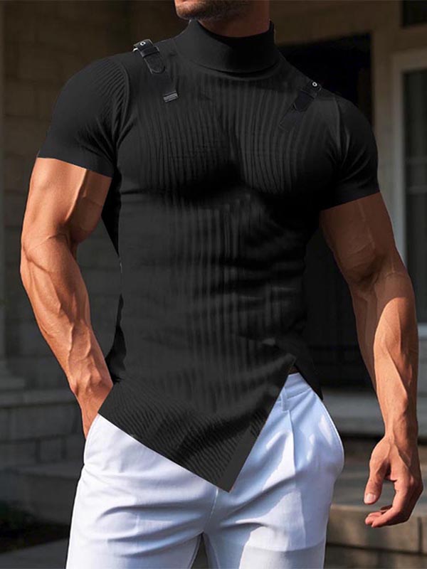 Mens Leather Buckle Texture Short Sleeve T-Shirt SKUK97611 - Black / S