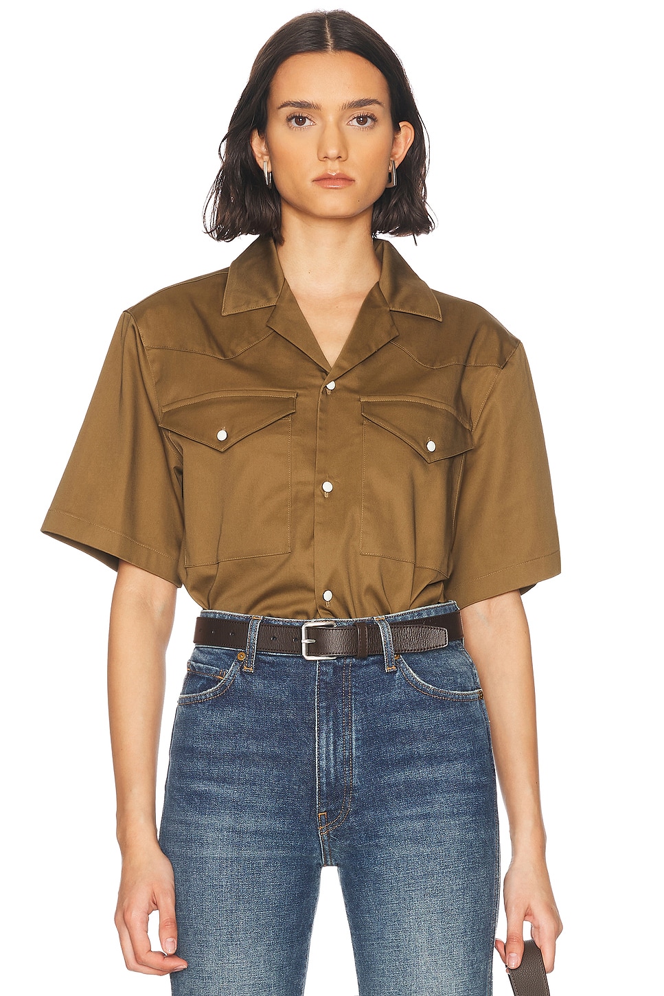 WAO Satin Western Short Sleeve Shirt in Olive - Brown. S also in
