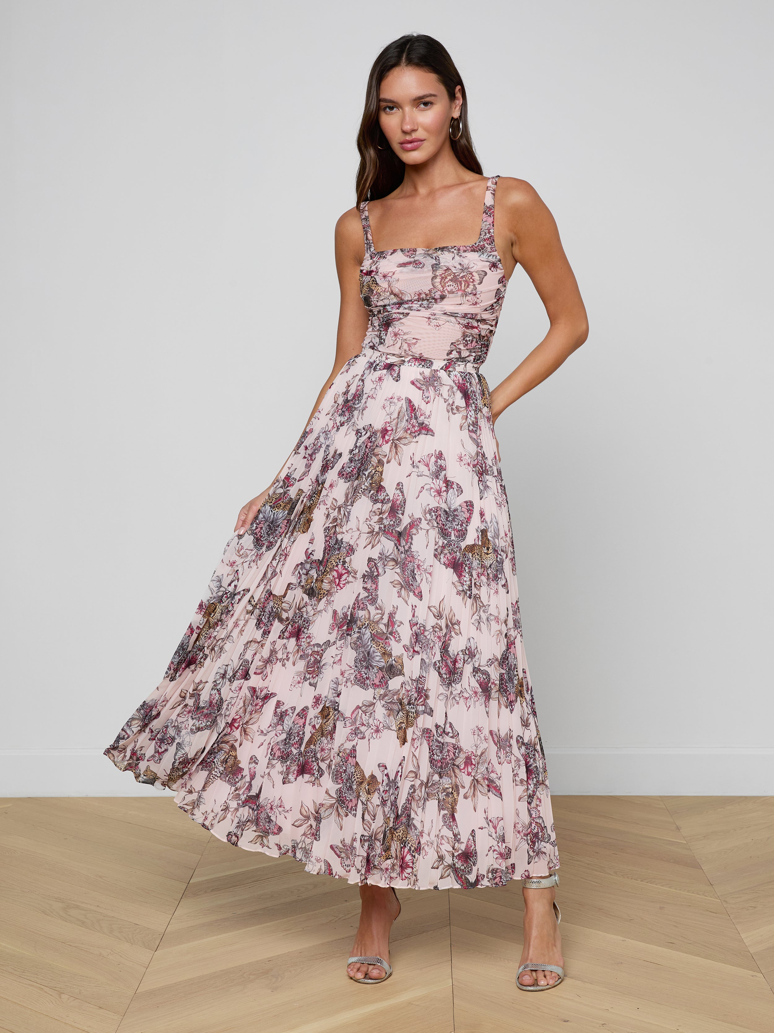 Torin Pleated Maxi Skirt In Light Nectar Pink Small Multi Butterfly Jungle