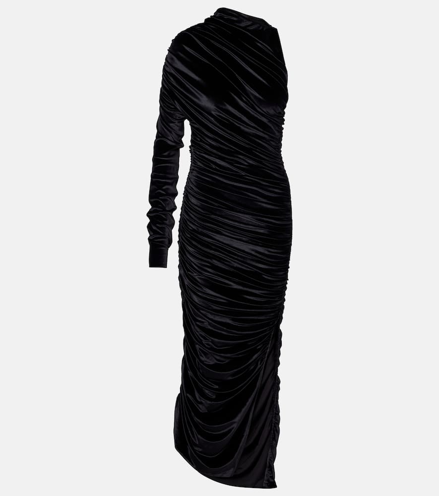 Asymmetric velvet jersey maxi dress