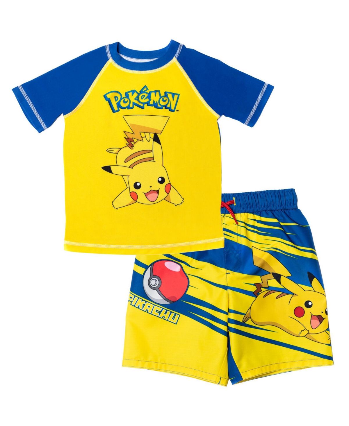 Boys Pikachu Upf 50+ Rash Guard Swim Trunks Outfit Set to - Yellow / multicolor