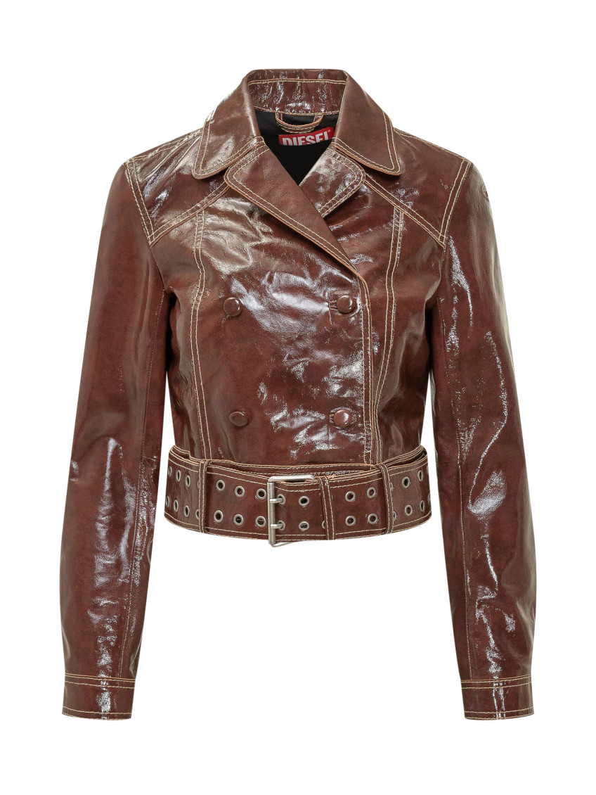 Patent-leather jacket with large belt - Leather jackets - Woman -