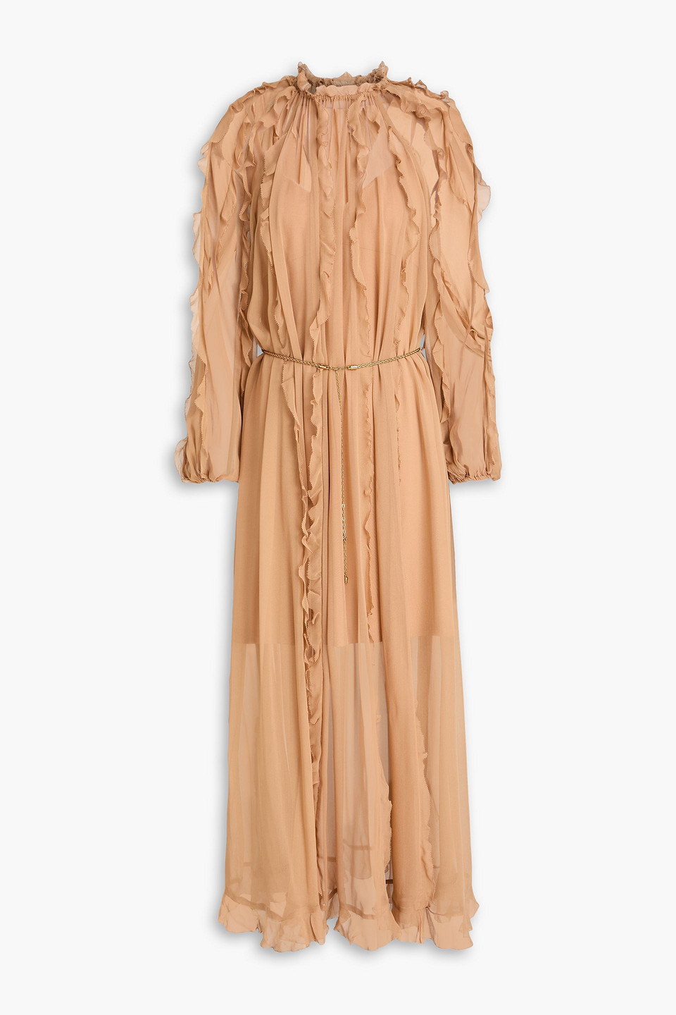 Belted ruffled silk-georgette midi dress - Brown - 00