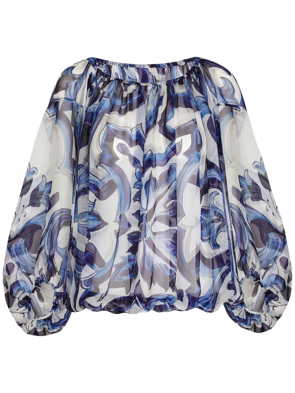 Majolica-print off-shoulder blouse - Blue