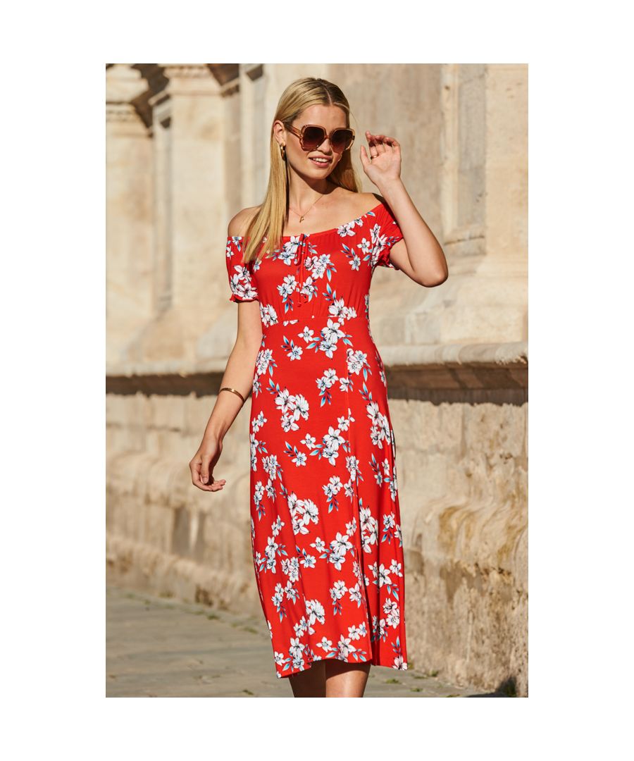 Sosandar Womens Red Floral Print Bardot Midi Dress - Size 10 UK