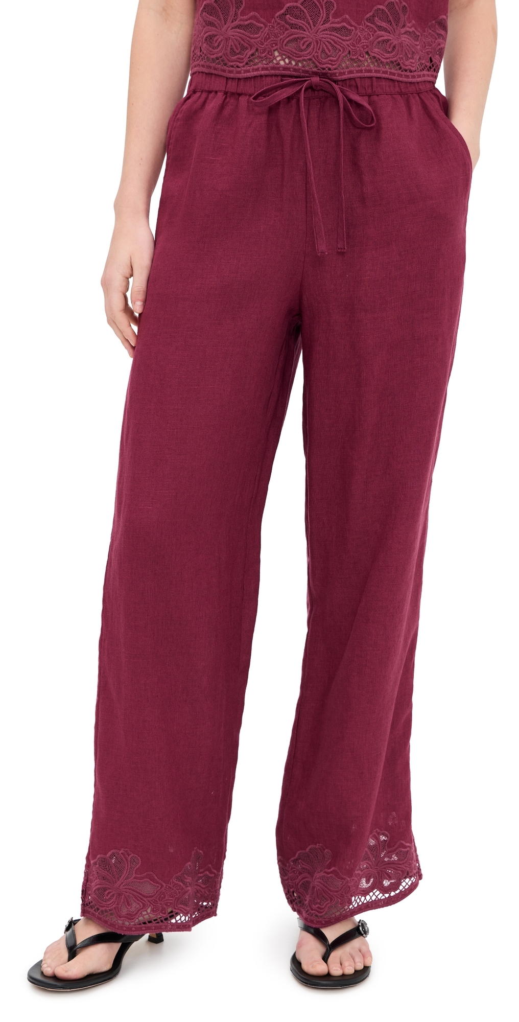 Emmie Linen Pants Berry Hibiscus Embroidery