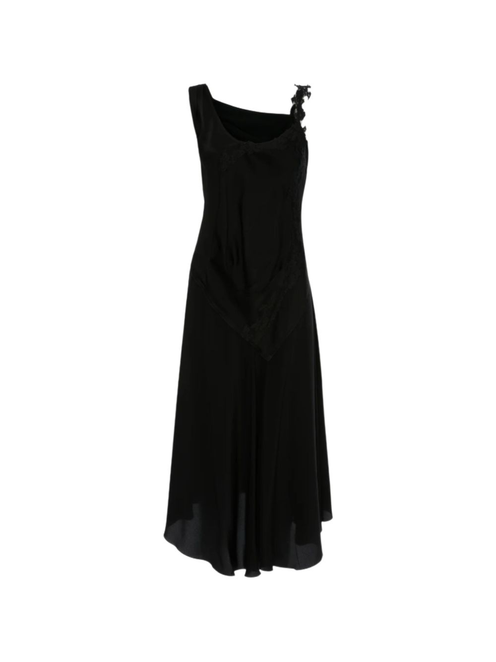 Draped Asymmetric Lace-Insert Dress — Black