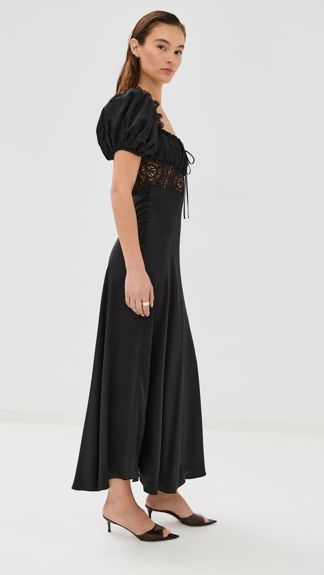 Satin Bias Dress with Gathered Bust and Black Lace Detail Black