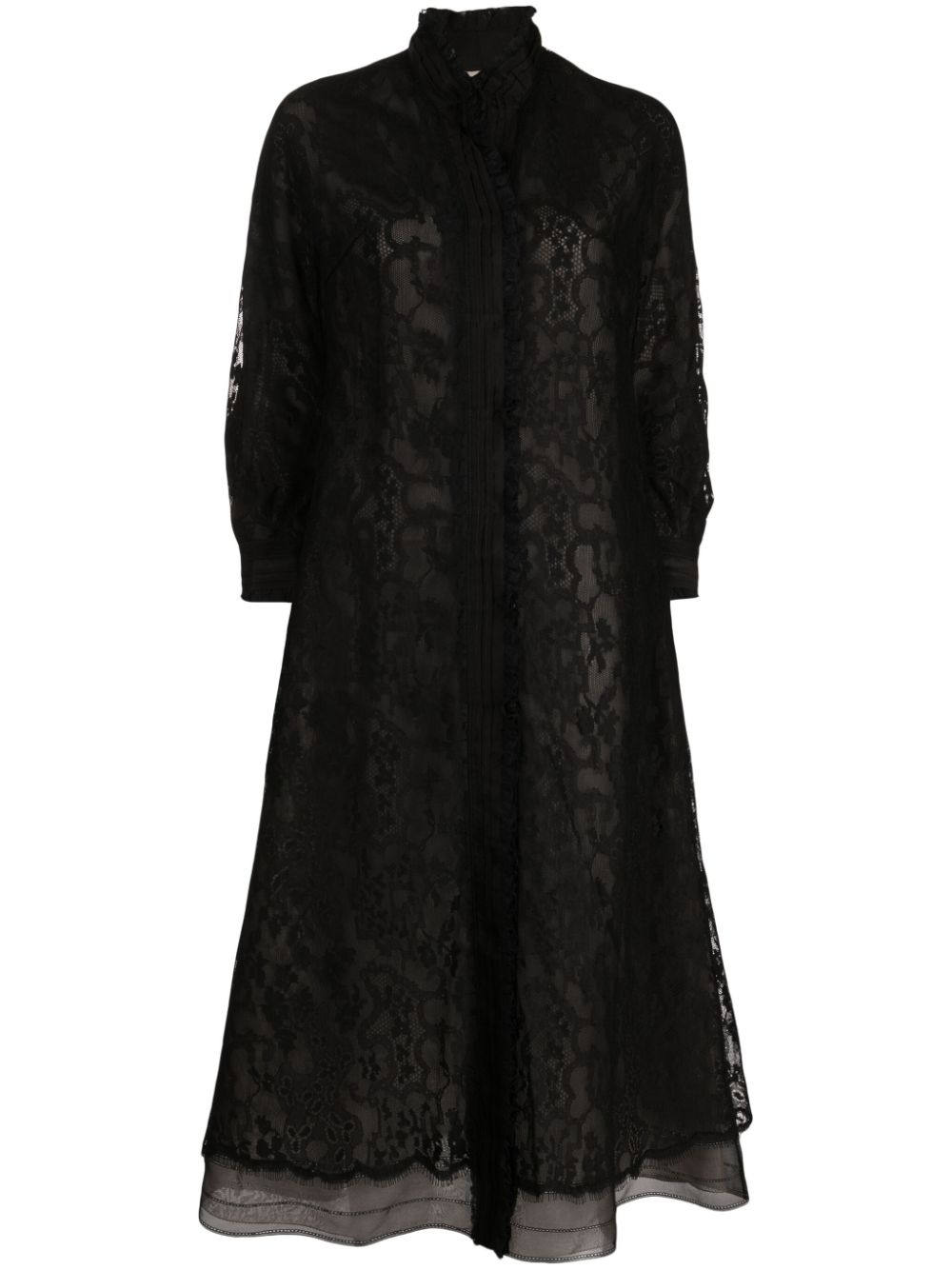 Lace pleated single-breasted coat - Black