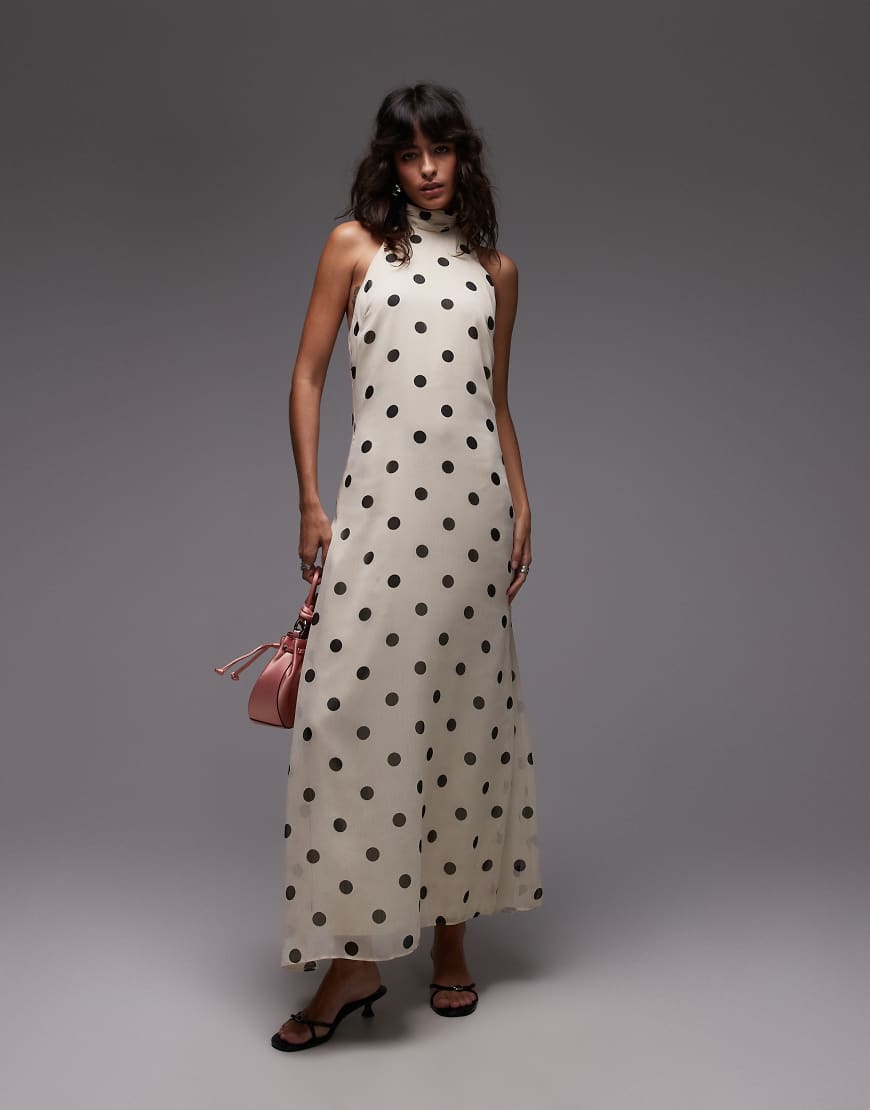Chiffon high neck halter maxi dress in cream polka dot-Multi