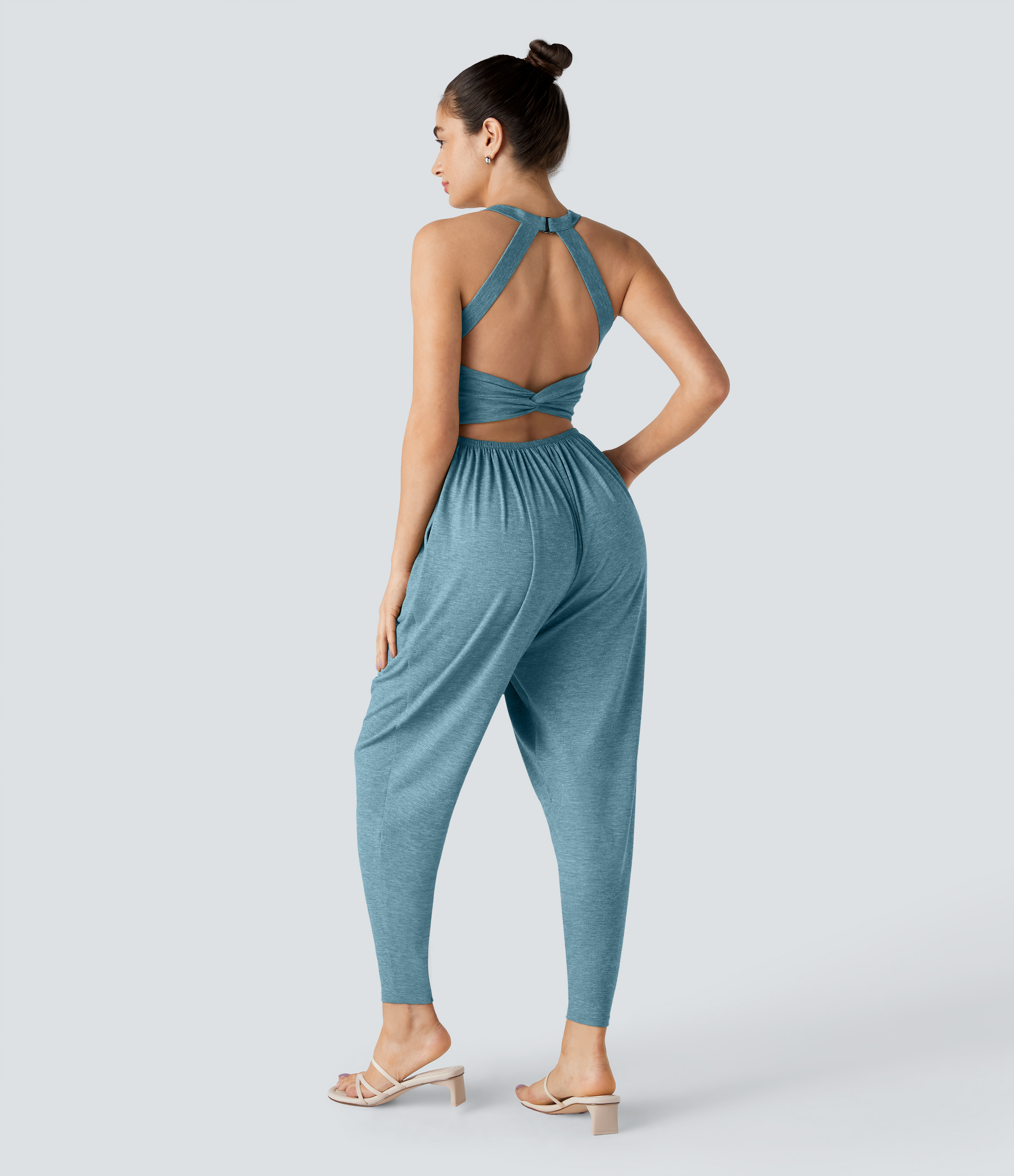 U Neck Pocket Harem Casual Jumpsuit-Easy Peezy Edition  - Stone Green Floral Yarn