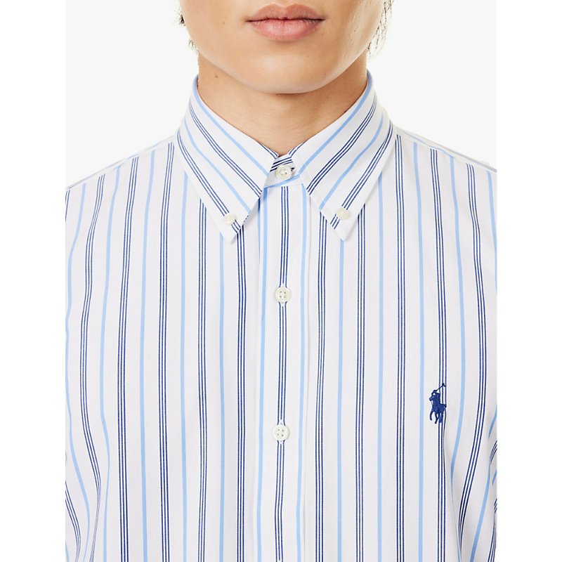 Mens White/blueLogo-embroidered Striped Stretch-cotton Shirt