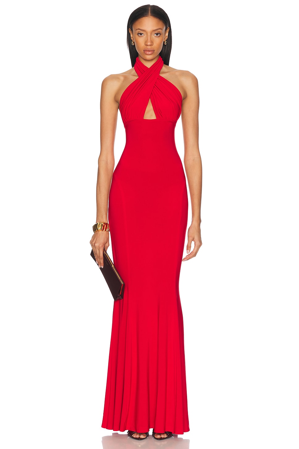 Norma Kamali Cross Halter Fishtail Gown in Tiger Red - Red.  XS also in L, M