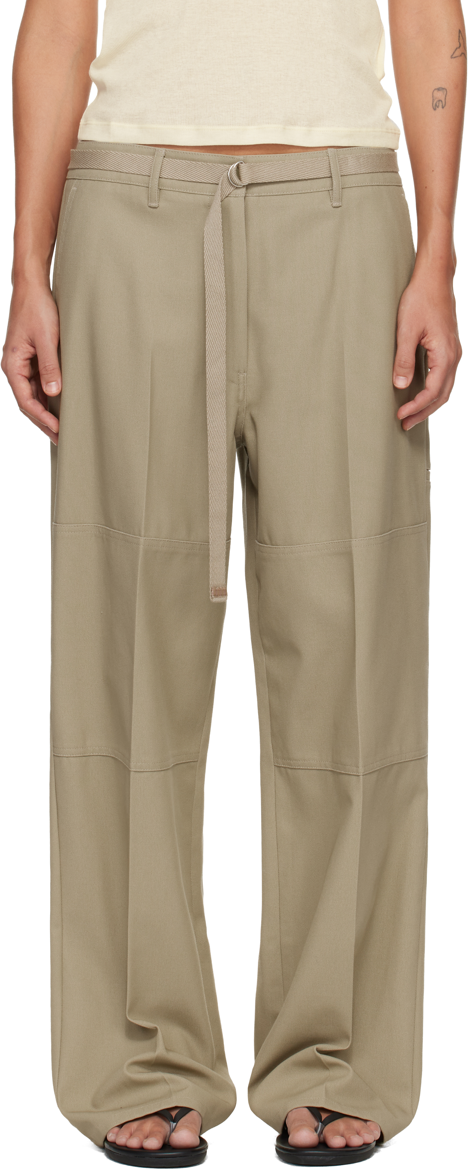 Beige Twill Paneled Trousers