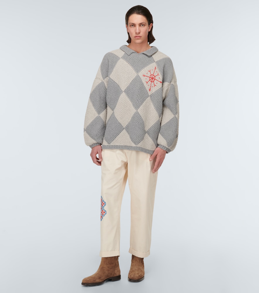 Embroidered straight cotton pants