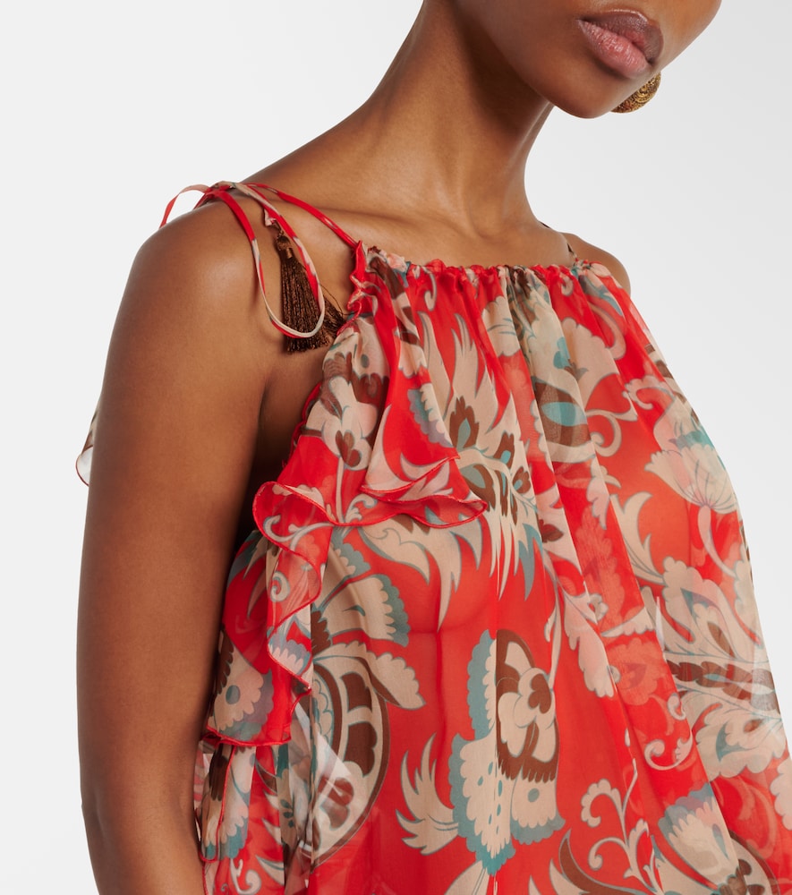 Printed one-shoulder ruffled silk top