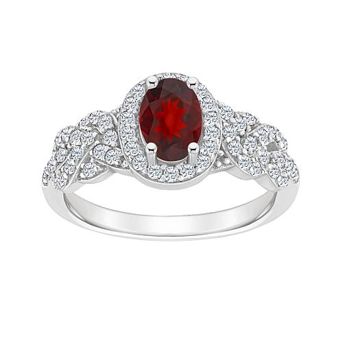 Sterling Silver Oval-Cut Gemstone and White Topaz Ring - Red