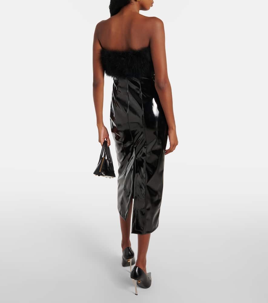 Feather-trimmed faux leather midi dress