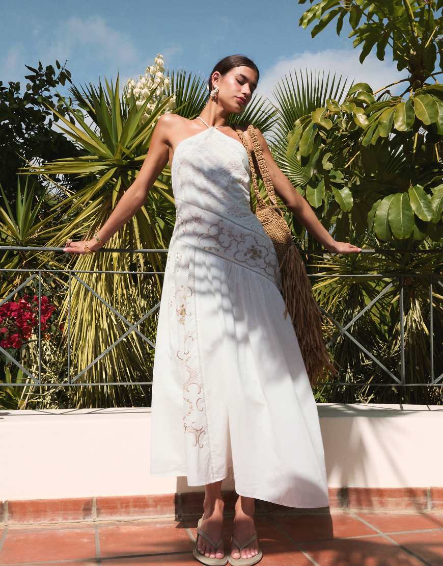 Halter tonal spliced maxi dress with asymmetric panels in ivory-White