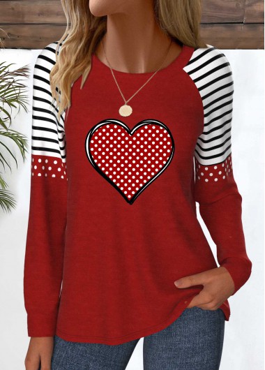Modlily Wine Red Patchwork Heart Print Long Sleeve T Shirt