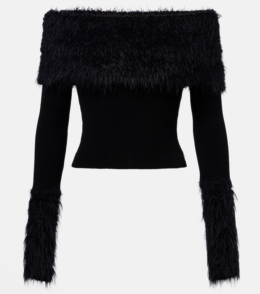 Ribbed-knit faux fur-trimmed top