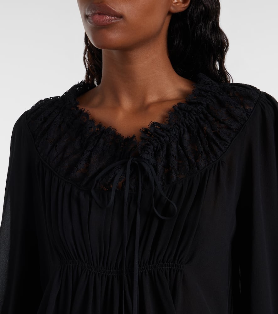 Chloé Gathered lace-trimmed silk georgette blouse
