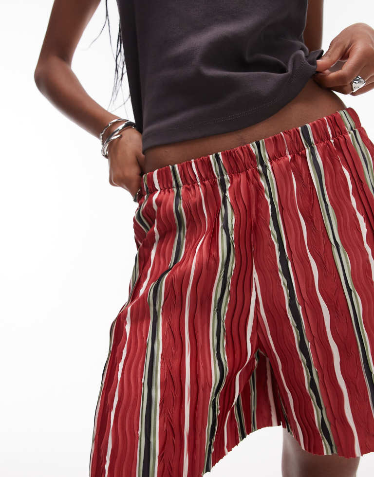 Topshop Womens stripe plisse wide leg shorts in red