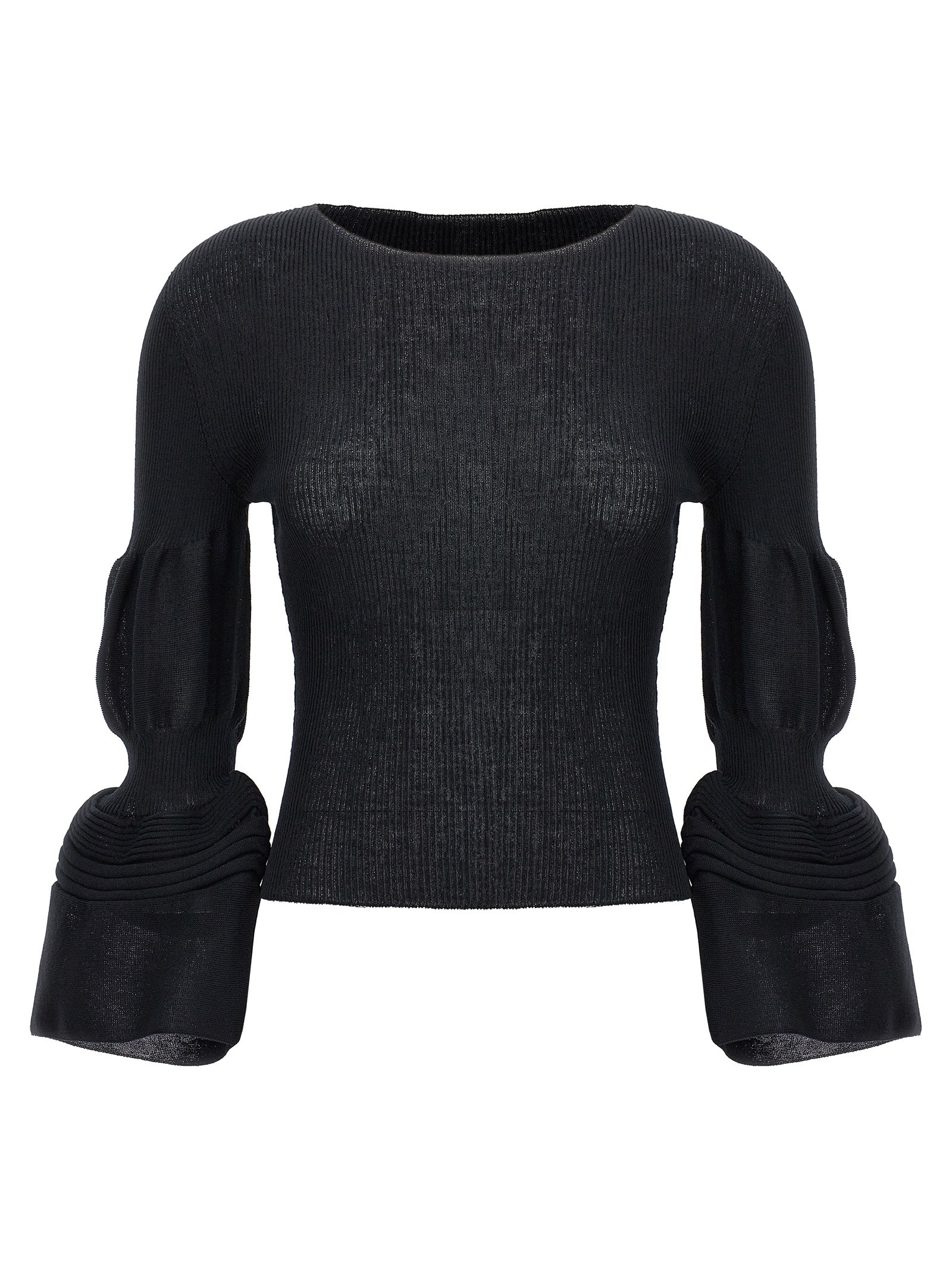 Puff-Sleeve Ribbed Blouse — Black