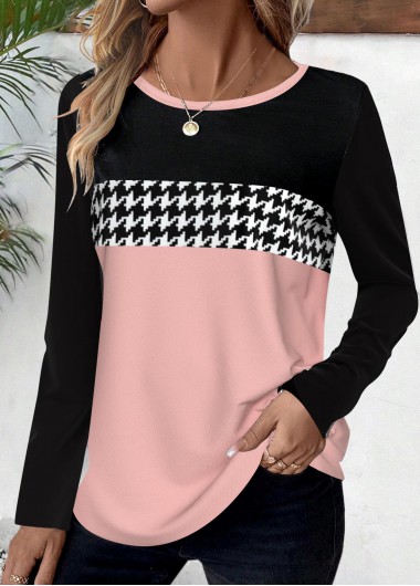 Modlily Plus Pink Geometric Print Long Sleeve T Shirt - 1X