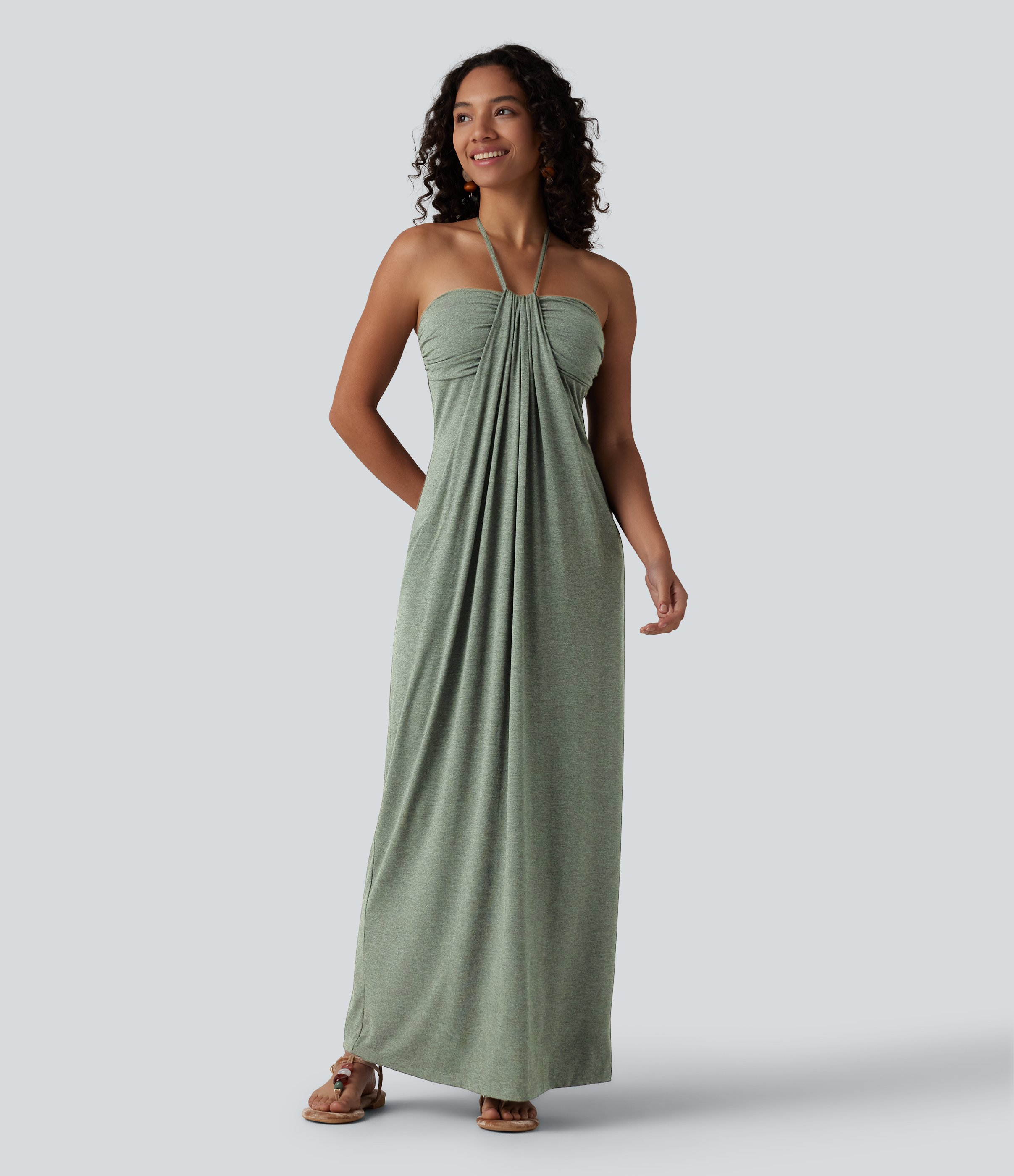 Halter Tie Back Built-in Bra Maxi Dress with Pockets Casual Dress - Asparagus
