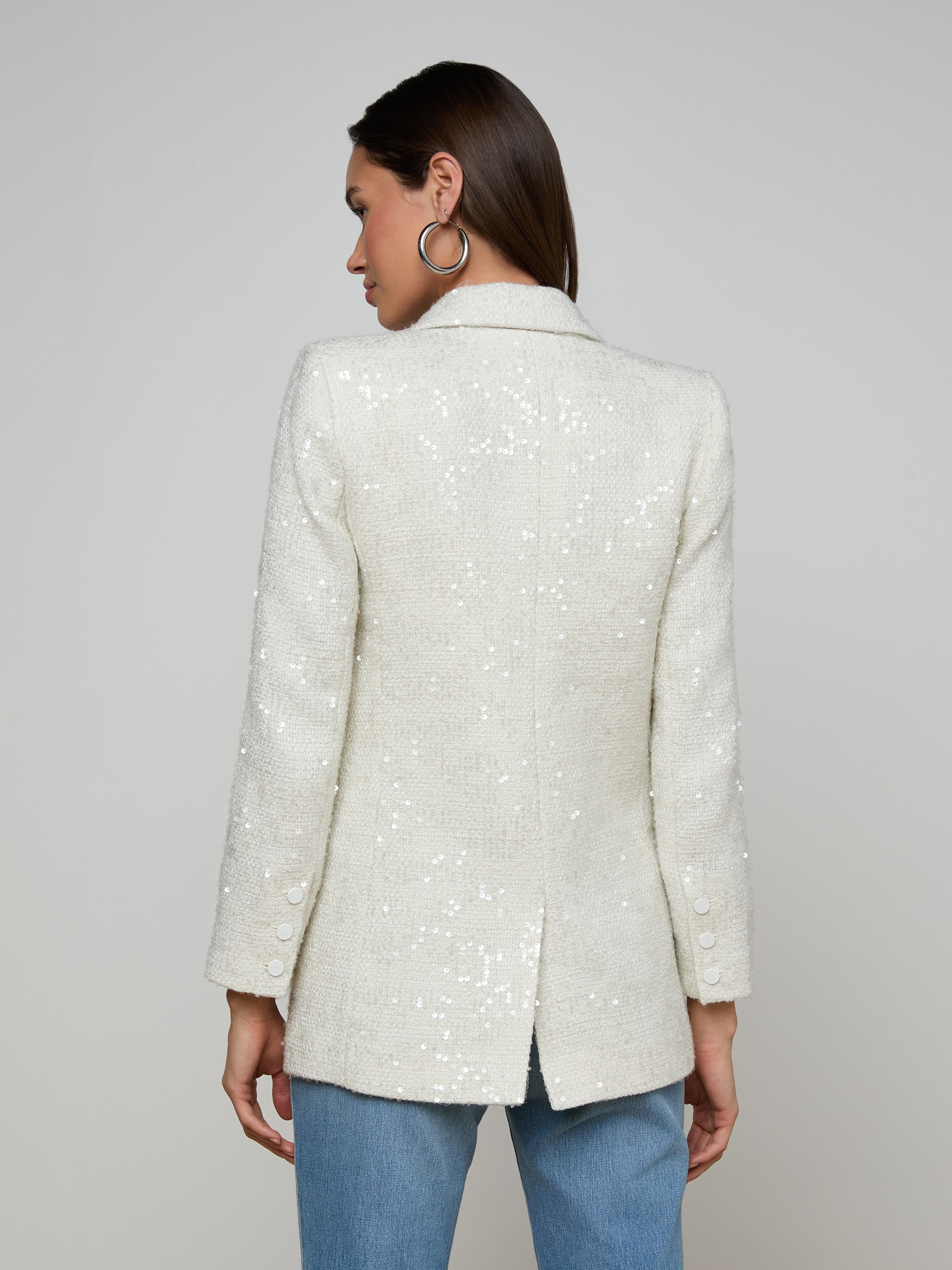 Cambrie Oversized Sequin Blazer In White Tweed/clear Sequin