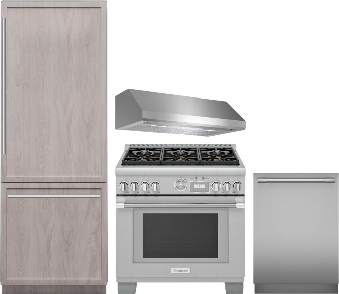 Thermador 4 Piece Kitchen Appliances Package with Bottom Freezer Refrigerator, Gas Range and Dishwasher in Panel Ready THRERADWRH