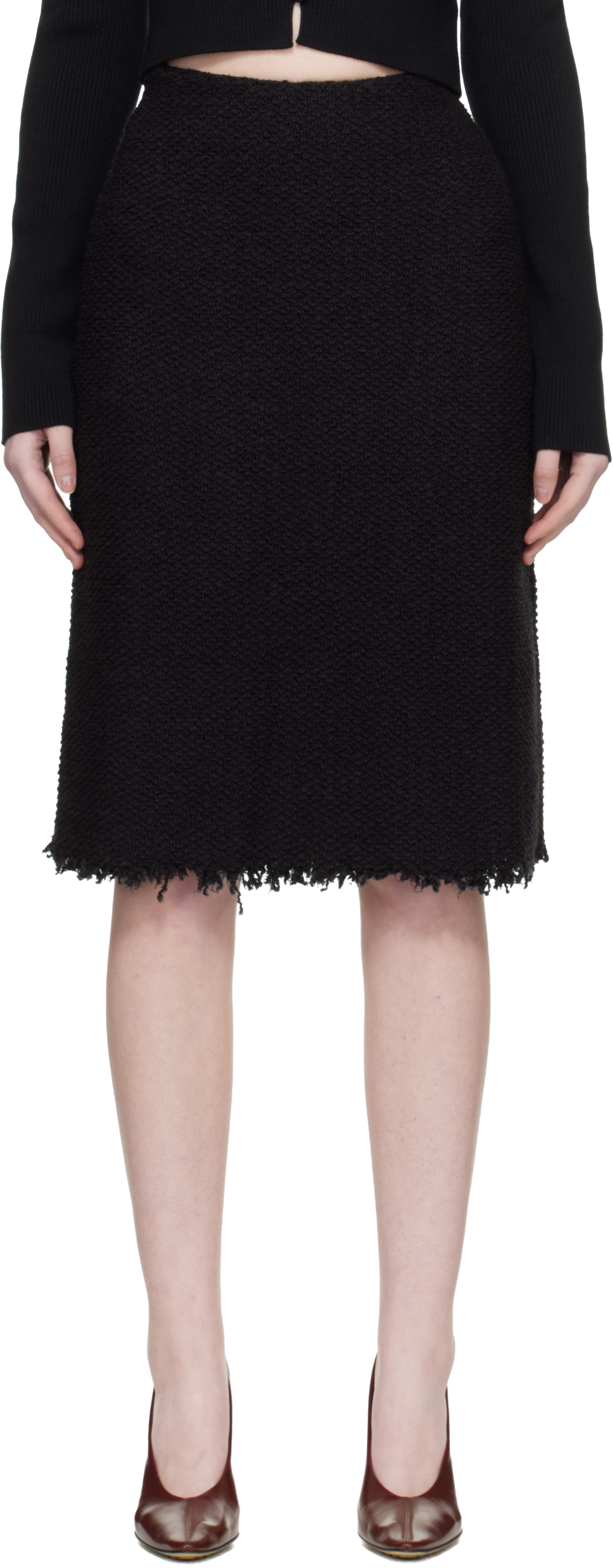 Black Frayed Edge Midi Skirt