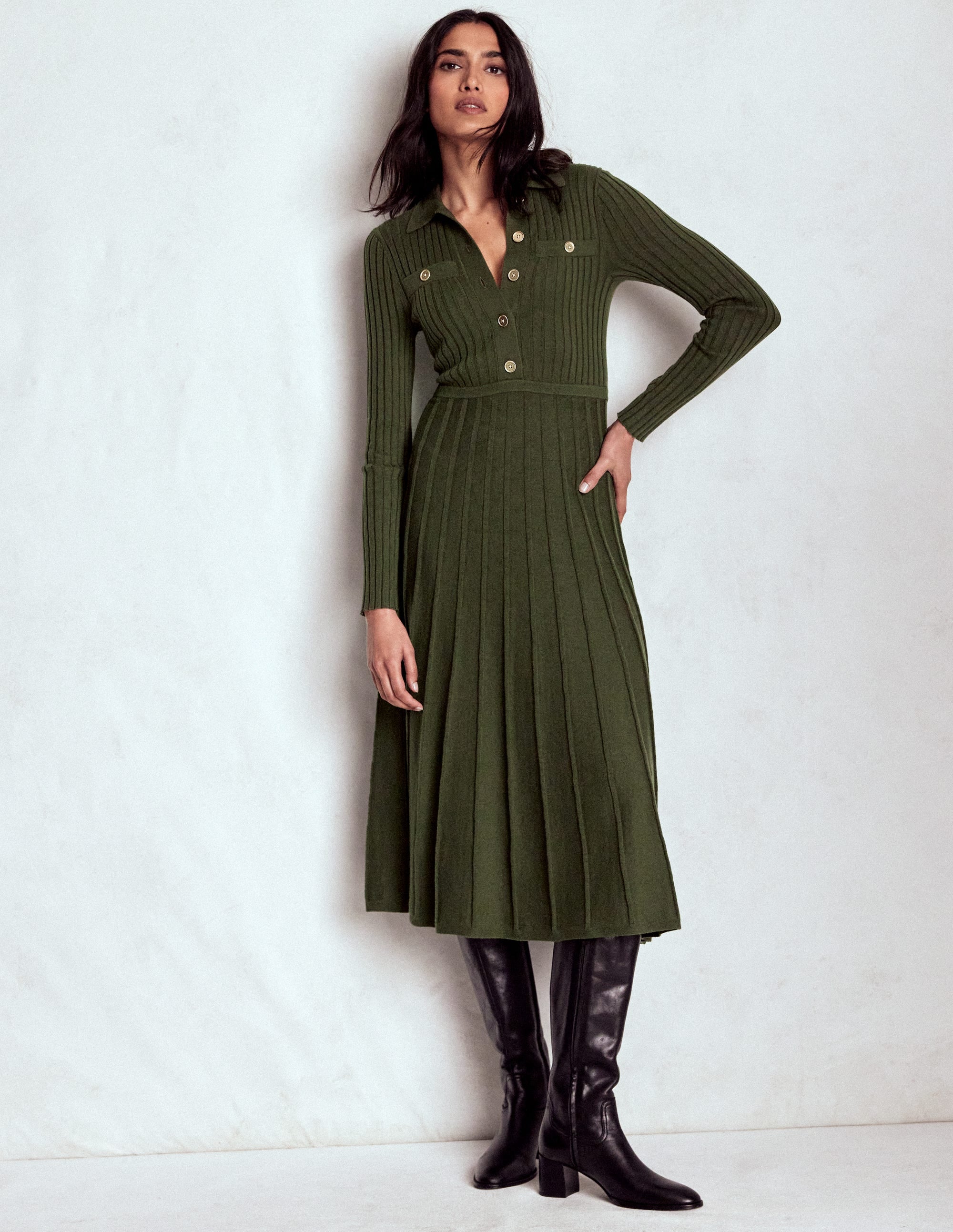 Brönte Knitted Rib Shirt Dress Woodland Green