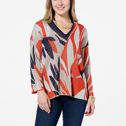 WynneCollection Jacquard Patterned Knit V-Neck Sweater - Gray Mist/Sand Combo