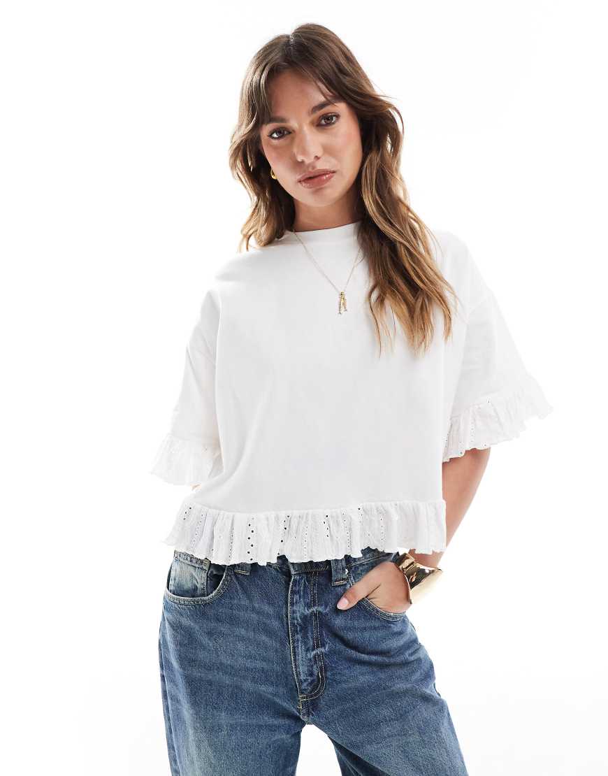 Miss Selfridge ruffle hem T-shirt in ivory-White