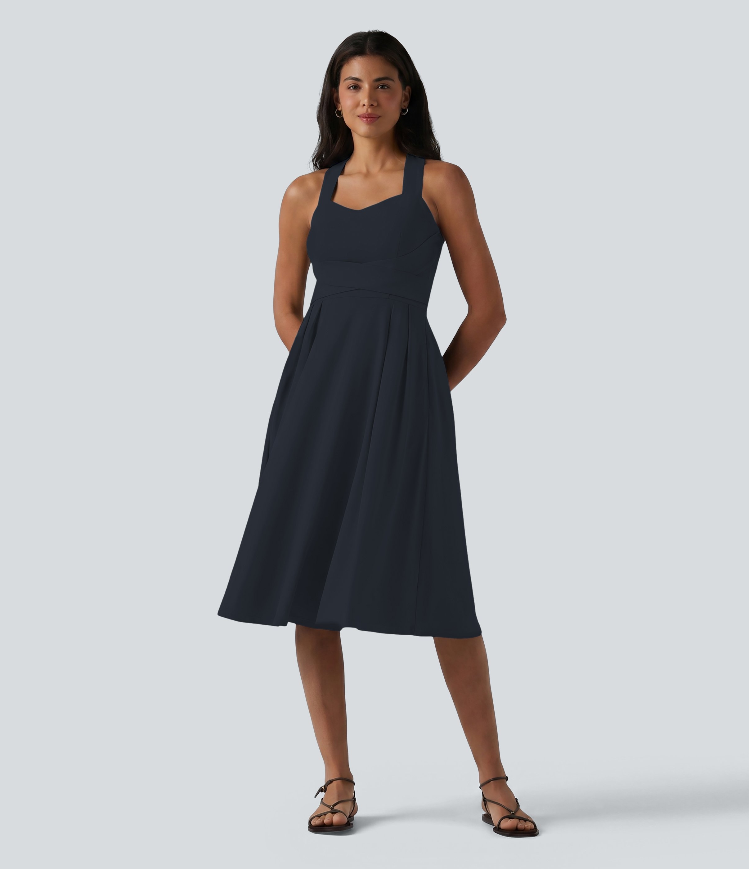 Halara Sweetheart Neck Sleeveless Crisscross Tie-back Midi Casual Flowy Dress with Pockets - Dark Sapphire