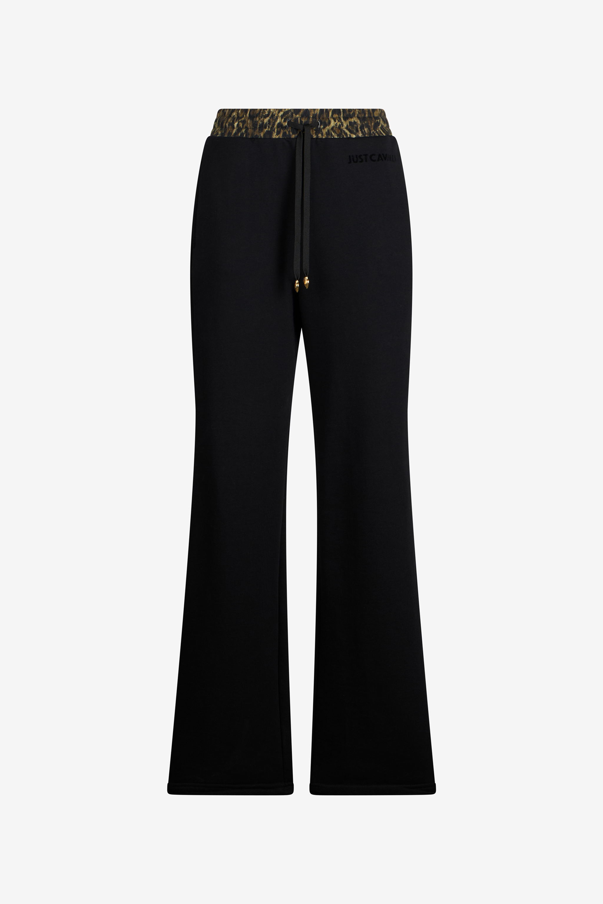 Black Flared Trousers With Leopard Print Waistband