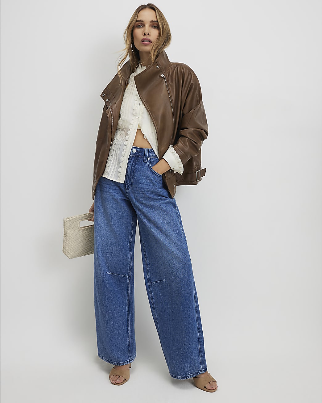 River Island Womens Wide Leg Jeans Blue Baggy Fit Cotton - 10 Short