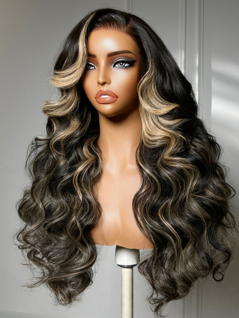 UNice 7x5 Bye Bye Slip™ Lace Black With Blonde Face-Framing Highlights Body Wave Wig with Side Part Bang