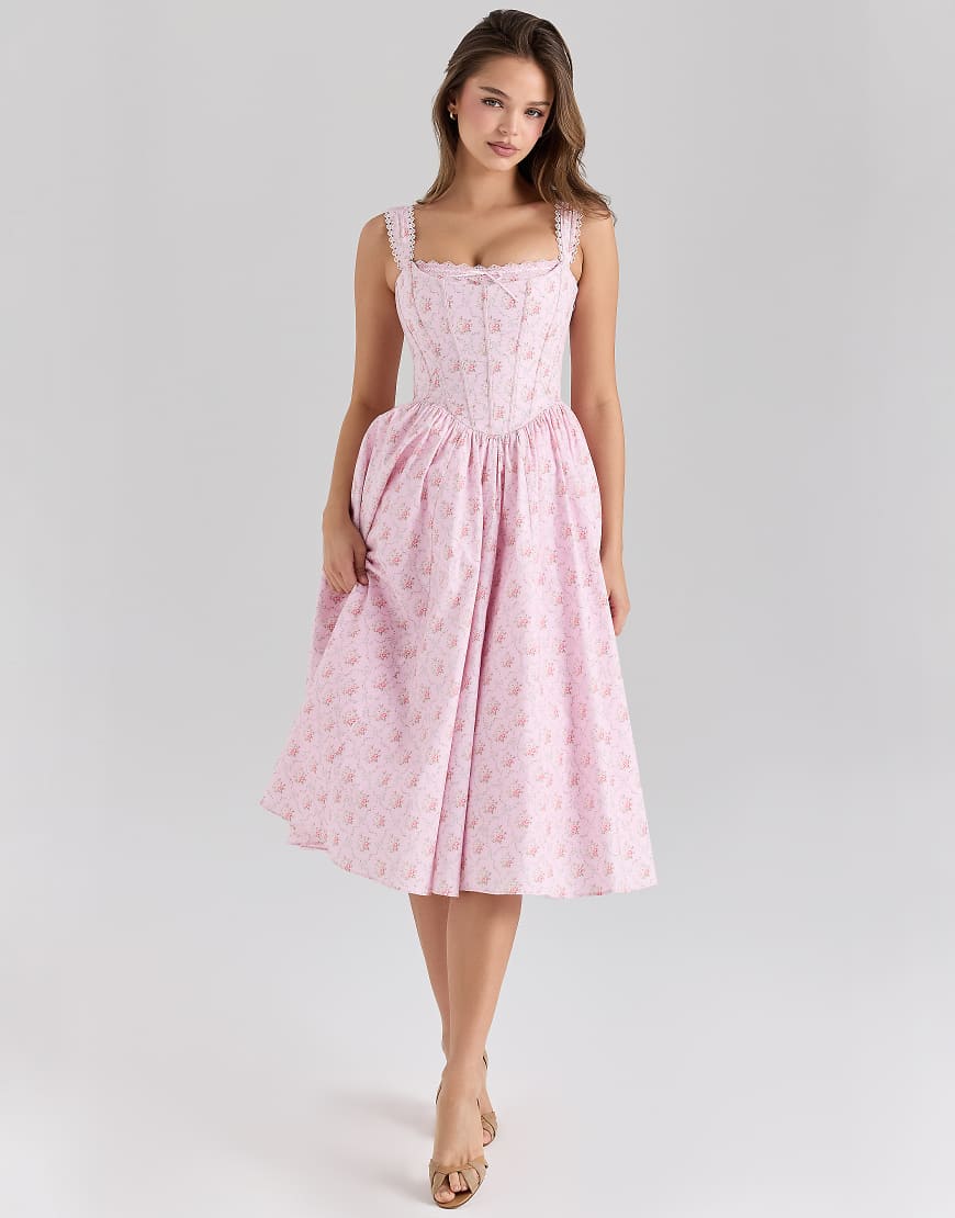 Amara stretch cotton corset midi dress in pink rose print